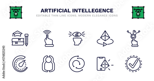 set of artificial intellegence thin line icons. artificial intellegence outline icons such as finger control, visualization, 3d, interactivity, velocity, velocity, users, rotation, ar, available