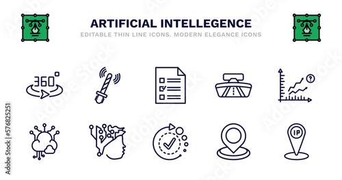 set of artificial intellegence thin line icons. artificial intellegence outline icons such as ar wand, survey, rearview mirror, prediction, big data, big data, intelligence, availability,