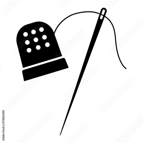 Needle and thimble icon. Symbol of sewing and tailoring craft. Vector Illustration