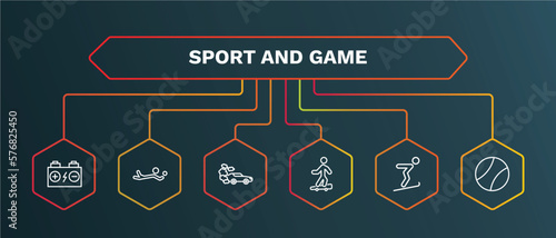 set of sport and game white thin line icons. sport and game outline icons with infographic template. linear icons such as volleyball motion, drift car, boy with skatingboard, jumping ski, tennis
