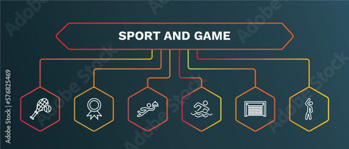 set of sport and game white thin line icons. sport and game outline icons with infographic template. linear icons such as golden medal, waiter falling, swimming figure, hockey goal, left bend