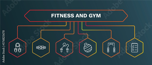 set of fitness and gym white thin line icons. fitness and gym outline icons with infographic template. linear icons such as fitness belt, skipping rope, ball, training apparatus, to do list vector.