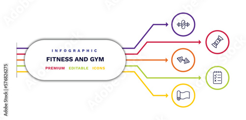 set of fitness and gym thin line icons. fitness and gym outline icons with infographic template. linear icons such as gymnastic roller, little dumbbell, mat for fitness, energy snack, to do list