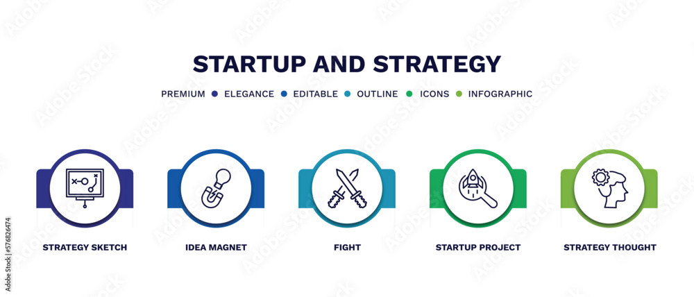 set of startup and strategy thin line icons. startup and strategy outline icons with infographic template. linear icons such as strategy sketch, idea magnet, fight, startup project search, thought set of startup and strategy thin line icons. startup and strategy outline icons with infographic template. linear icons such as strategy sketch, idea magnet, fight, startup project search, thought