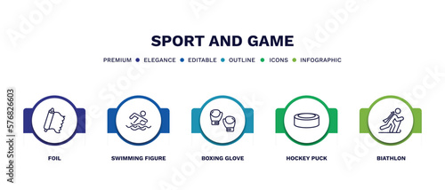 set of sport and game thin line icons. sport and game outline icons with infographic template. linear icons such as foil, swimming figure, boxing glove, hockey puck, biathlon vector.
