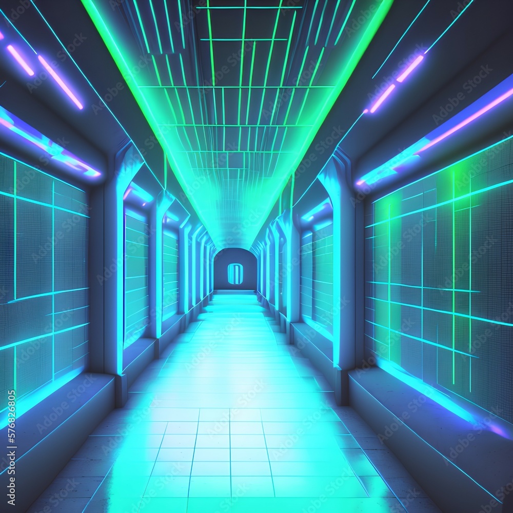 Sci Fi Neon Glowing Lines Cyber Blue Green Laser Lights Behind Glass ...