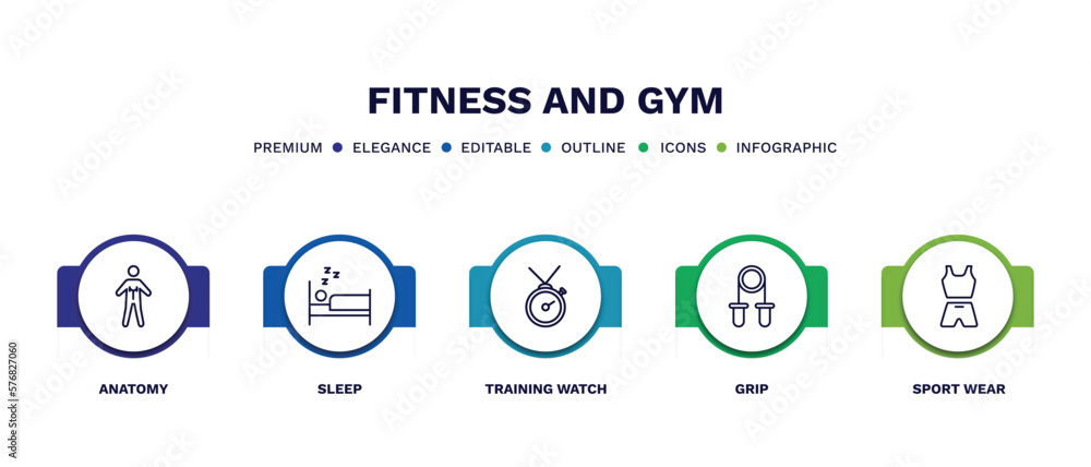 set of fitness and gym thin line icons. fitness and gym outline icons with infographic template. linear icons such as anatomy, sleep, training watch, grip, sport wear vector. set of fitness and gym thin line icons. fitness and gym outline icons with infographic template. linear icons such as anatomy, sleep, training watch, grip, sport wear vector.