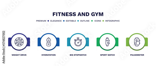 set of fitness and gym thin line icons. fitness and gym outline icons with infographic template. linear icons such as weight drive, hydratation, big stopwatch, sport watch, pulsometer vector. photo
