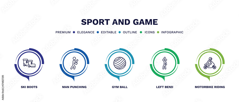 set of sport and game thin line icons. sport and game outline icons with infographic template. linear icons such as ski boots, man punching, gym ball, left bend, motorbike riding vector. set of sport and game thin line icons. sport and game outline icons with infographic template. linear icons such as ski boots, man punching, gym ball, left bend, motorbike riding vector.