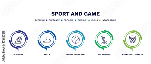 set of sport and game thin line icons. sport and game outline icons with infographic template. linear icons such as biathlon, ankle, tennis sport ball, jet surfing, basketball basket vector.