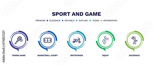 set of sport and game thin line icons. sport and game outline icons with infographic template. linear icons such as tennis game, basketball court, motocross, squat, excersice vector.
