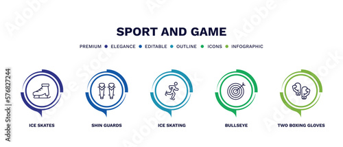set of sport and game thin line icons. sport and game outline icons with infographic template. linear icons such as ice skates, shin guards, ice skating, bullseye, two boxing gloves vector.