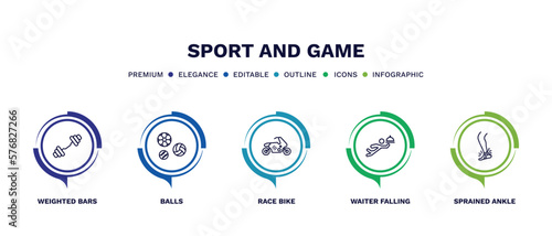 set of sport and game thin line icons. sport and game outline icons with infographic template. linear icons such as weighted bars, balls, race bike, waiter falling, sprained ankle vector.