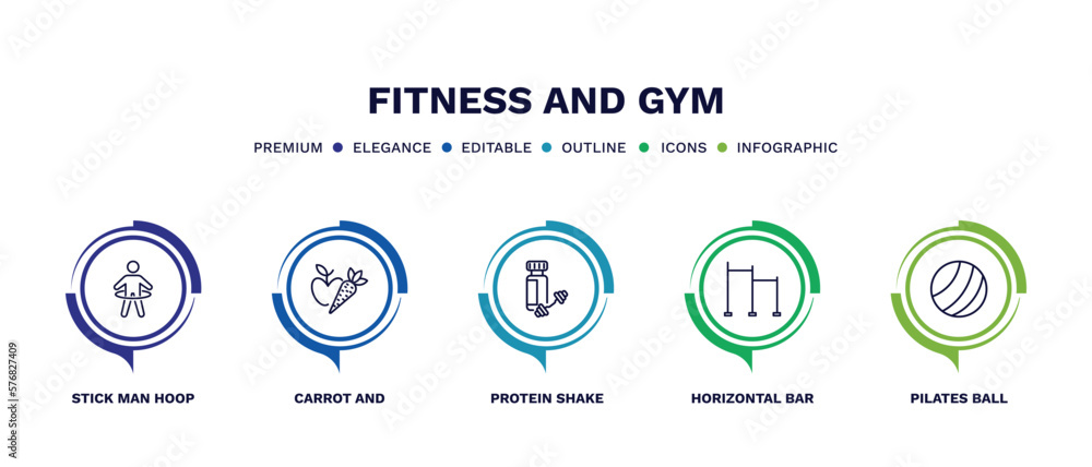 set of fitness and gym thin line icons. fitness and gym outline icons with infographic template. linear icons such as stick man hoop, carrot and, protein shake, horizontal bar, pilates ball vector. set of fitness and gym thin line icons. fitness and gym outline icons with infographic template. linear icons such as stick man hoop, carrot and, protein shake, horizontal bar, pilates ball vector.