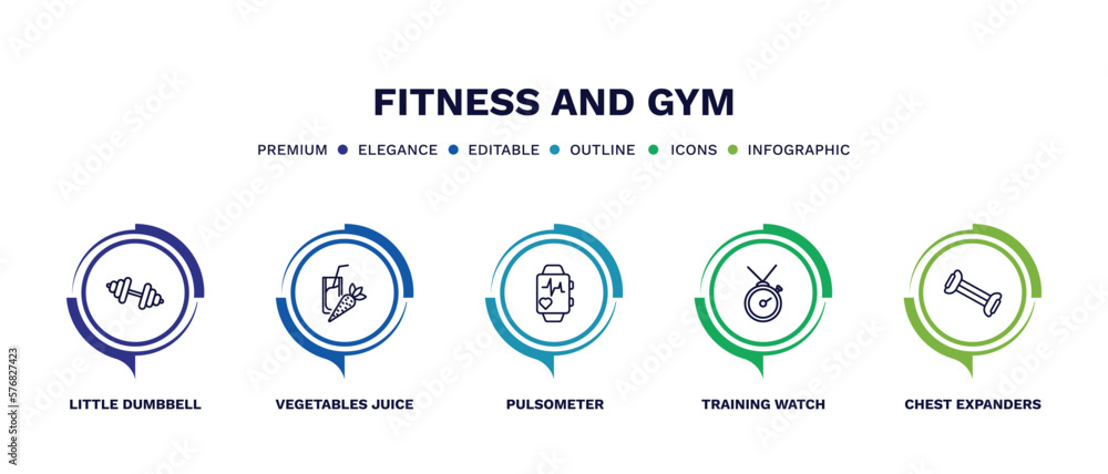 set of fitness and gym thin line icons. fitness and gym outline icons with infographic template. linear icons such as little dumbbell, vegetables juice, pulsometer, training watch, chest expanders set of fitness and gym thin line icons. fitness and gym outline icons with infographic template. linear icons such as little dumbbell, vegetables juice, pulsometer, training watch, chest expanders