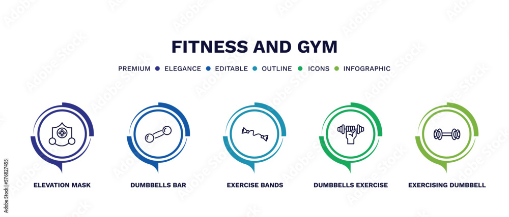 set of fitness and gym thin line icons. fitness and gym outline icons with infographic template. linear icons such as elevation mask, dumbbells bar, exercise bands, dumbbells exercise, exercising set of fitness and gym thin line icons. fitness and gym outline icons with infographic template. linear icons such as elevation mask, dumbbells bar, exercise bands, dumbbells exercise, exercising