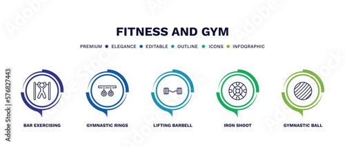set of fitness and gym thin line icons. fitness and gym outline icons with infographic template. linear icons such as bar exercising, gymnastic rings, lifting barbell, iron shoot, gymnastic ball