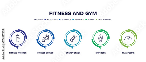 set of fitness and gym thin line icons. fitness and gym outline icons with infographic template. linear icons such as fitness tracker, gloves, energy snack, skip rope, trampoline vector.