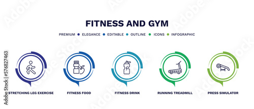 set of fitness and gym thin line icons. fitness and gym outline icons with infographic template. linear icons such as stretching leg exercise, fitness food, drink, running treadmill, press simulator