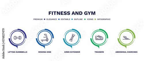 set of fitness and gym thin line icons. fitness and gym outline icons with infographic template. linear icons such as lifting dumbbells, rowing hine, arms extender, trainers, abdominal exercises