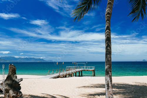 Summer vacation concept of travel at sea. Hot day with blue sky and white clouds