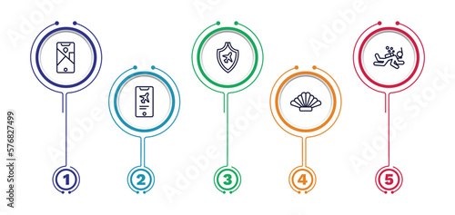 set of travel and trip thin line icons. travel and trip outline icons with infographic template. linear icons such as mobile map, travel insurance, scuba diving, online booking, shell vector.