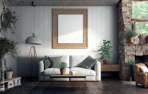 Mockup image  A painting frame in a rustic living room  ai generated 