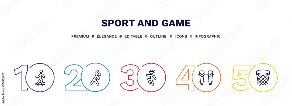 set of sport and game thin line icons. sport and game outline icons with infographic template. linear icons such as boy with skatingboard, stretching, wushu, shin guards, basketball basket vector.