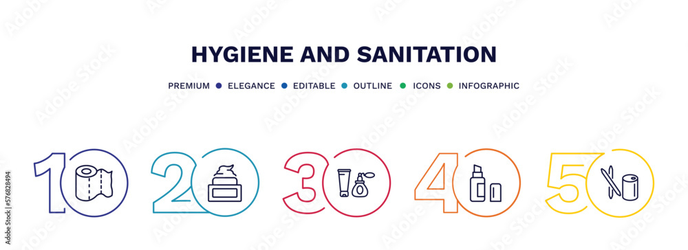 set of hygiene and sanitation thin line icons. hygiene and sanitation outline icons with infographic template. linear icons such as paper towel, face cream, cosmetics, lip balm, toothpick vector.