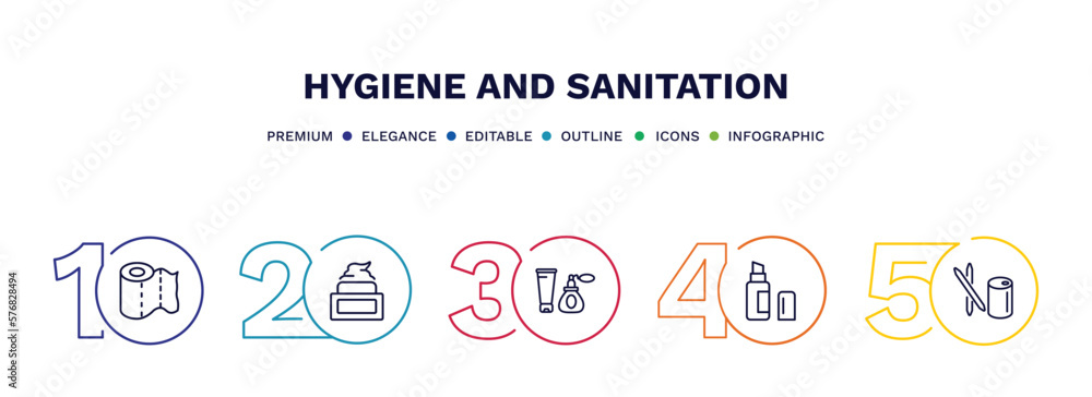set of hygiene and sanitation thin line icons. hygiene and sanitation outline icons with infographic template. linear icons such as paper towel, face cream, cosmetics, lip balm, toothpick vector. set of hygiene and sanitation thin line icons. hygiene and sanitation outline icons with infographic template. linear icons such as paper towel, face cream, cosmetics, lip balm, toothpick vector.