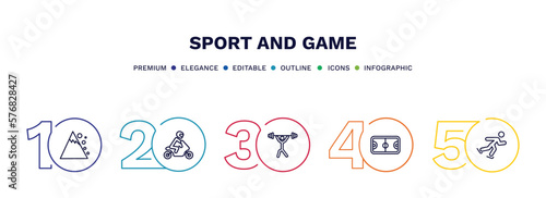 set of sport and game thin line icons. sport and game outline icons with infographic template. linear icons such as snow slide zone, motorbike riding, weight lifting, basketball court, skating
