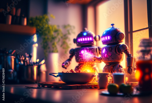 Robots share a loving moment in a kitchen  cooking and feeling love like humans. A scene combining gastronomy and intimacy for the future world. Generative AI