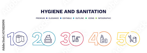 set of hygiene and sanitation thin line icons. hygiene and sanitation outline icons with infographic template. linear icons such as paper towel, face cream, cosmetics, lip balm, toothpick vector.