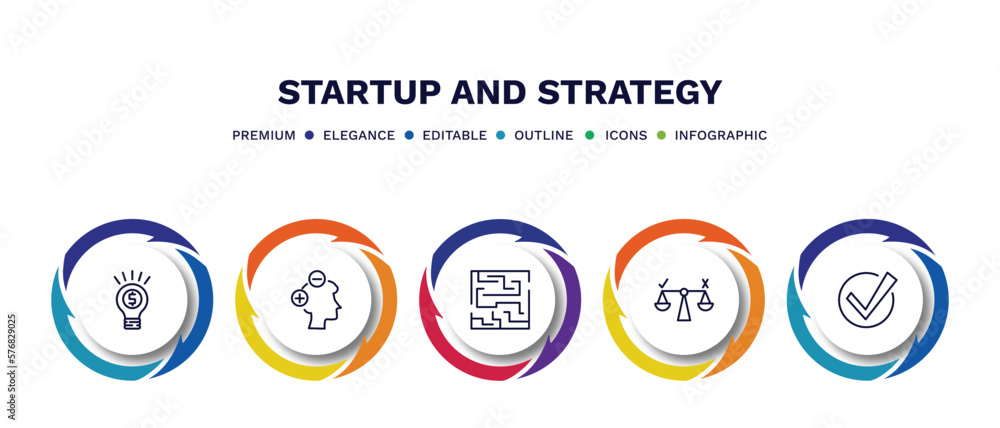 set of startup and strategy thin line icons. startup and strategy outline icons with infographic template. linear icons such as entrepreneur, attitude, strategy in a labyrinth, decision, accept
