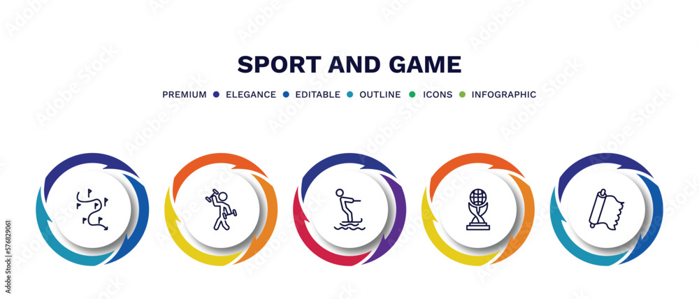 set of sport and game thin line icons. sport and game outline icons with infographic template. linear icons such as slalom, excersice, jet surfing, world cup, foil vector.