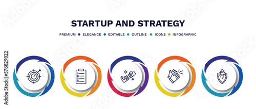 set of startup and strategy thin line icons. startup and strategy outline icons with infographic template. linear icons such as purpose, procedure, rivalry, clap, startup shield vector.