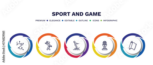 set of sport and game thin line icons. sport and game outline icons with infographic template. linear icons such as slalom, excersice, jet surfing, world cup, foil vector.