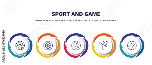 set of sport and game thin line icons. sport and game outline icons with infographic template. linear icons such as soccer football ball, football ball circular, volleyball ball, taekwondo, tennis