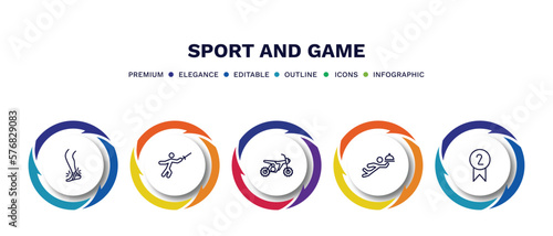 set of sport and game thin line icons. sport and game outline icons with infographic template. linear icons such as sprained ankle, medieval fencing, motocross, waiter falling, second prize vector.