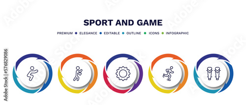 set of sport and game thin line icons. sport and game outline icons with infographic template. linear icons such as squat, man punching, equipment, ice skating, shin guards vector.