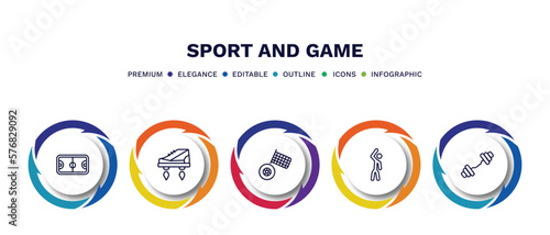 set of sport and game thin line icons. sport and game outline icons with infographic template. linear icons such as basketball court, flying shoes, motor sports, left bend, weighted bars vector.