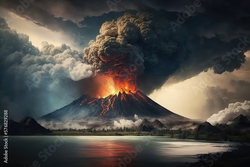 volcanic eruption in Indonesia natural disaster. Generative ai. photo