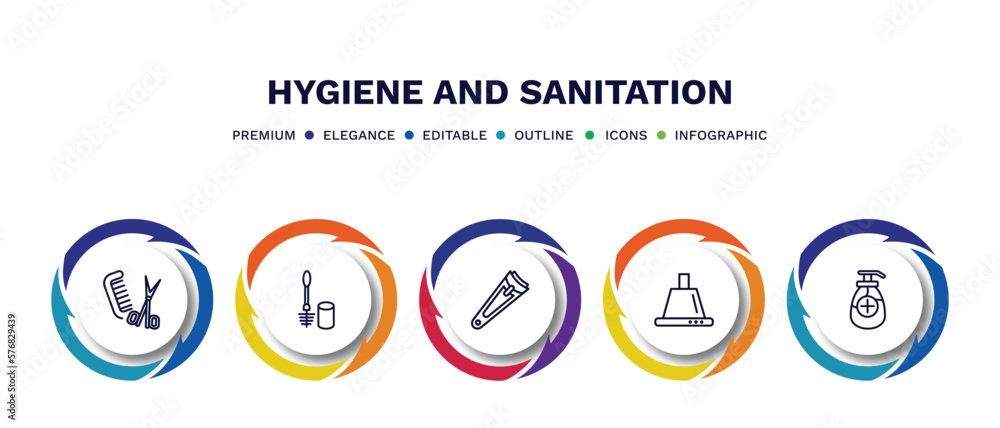 set of hygiene and sanitation thin line icons. hygiene and sanitation outline icons with infographic template. linear icons such as grooming, toilet brush, nail clippers, extractor, antiseptic set of hygiene and sanitation thin line icons. hygiene and sanitation outline icons with infographic template. linear icons such as grooming, toilet brush, nail clippers, extractor, antiseptic