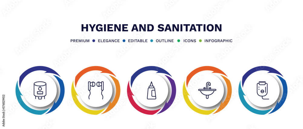 set of hygiene and sanitation thin line icons. hygiene and sanitation outline icons with infographic template. linear icons such as water heater, ear buds, hair tonic, washbowl, epliator vector. set of hygiene and sanitation thin line icons. hygiene and sanitation outline icons with infographic template. linear icons such as water heater, ear buds, hair tonic, washbowl, epliator vector.