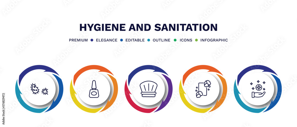 set of hygiene and sanitation thin line icons. hygiene and sanitation outline icons with infographic template. linear icons such as parasite, varnish, shower cap, lather, sanitary vector.
