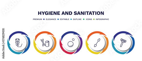 set of hygiene and sanitation thin line icons. hygiene and sanitation outline icons with infographic template. linear icons such as electric razor, toothpick, bubble, cotton swab, shaving razor