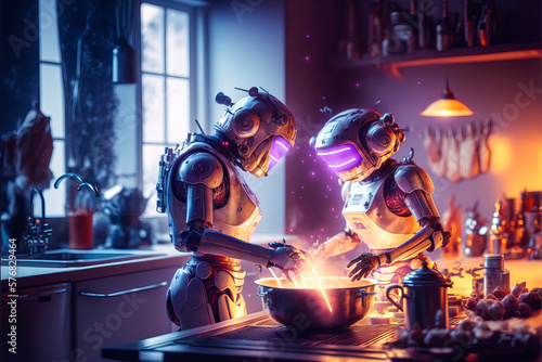 Couple of robots sharing an intimate moment in a kitchen. Scene representing the hope for the future world combining gastronomy, love and artificial intelligence. Generative AI © XaMaps