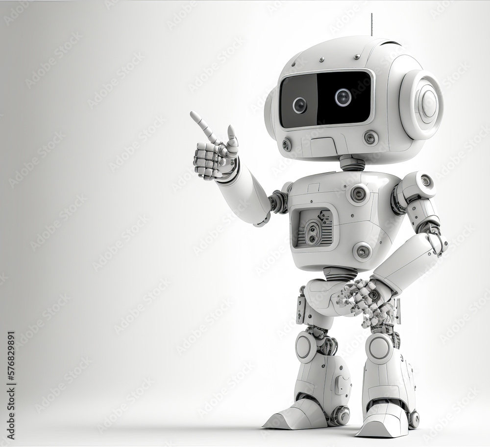 A realistic and modern white technological robot pointing an object, isolated on a white background. A promotional image with striking visual effects. Generative AI A realistic and modern white technological robot pointing an object, isolated on a white background. A promotional image with striking visual effects. Generative AI