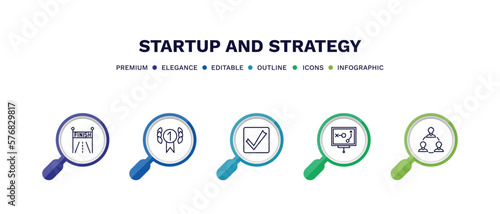 set of startup and strategy thin line icons. startup and strategy outline icons with infographic template. linear icons such as finish line, gold medal, validate, strategy sketch, team vector.