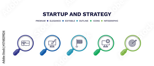 set of startup and strategy thin line icons. startup and strategy outline icons with infographic template. linear icons such as gift voucher, web de, finish flag, web development, mission vector.
